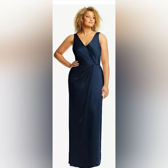 After Six 6864 FAUX WRAP SATIN MAXI DRESS WITH DRAPED TULIP SKIRT NWT sz 4 blue - Picture 1 of 6